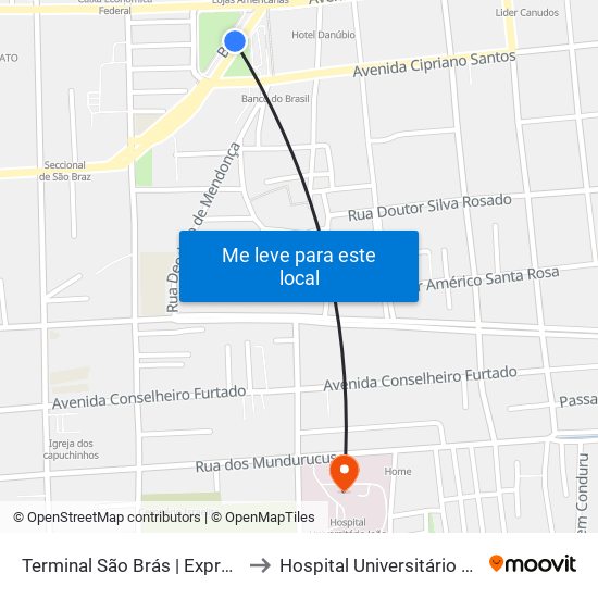 Terminal São Brás | Expresso | Sentido Icoaraci (Integração) to Hospital Universitário João de Barros Barreto (HUJBB) map