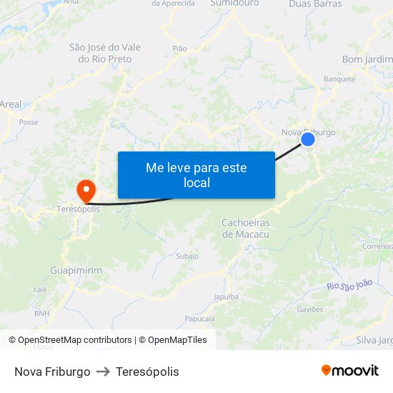 Nova Friburgo to Teresópolis map