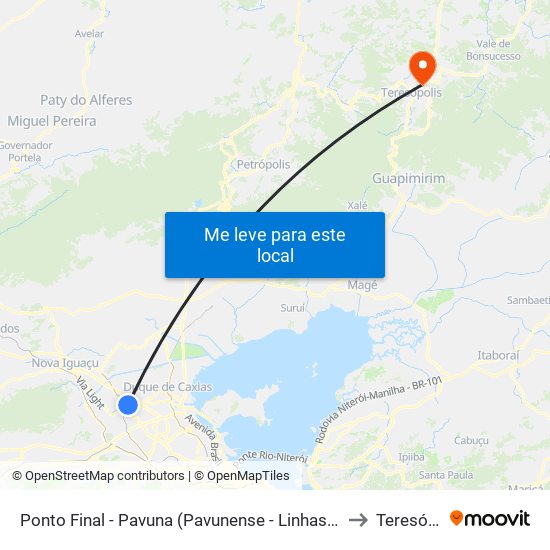 Ponto Final - Pavuna (Pavunense - Linhas 615, 687 E 688) to Teresópolis map