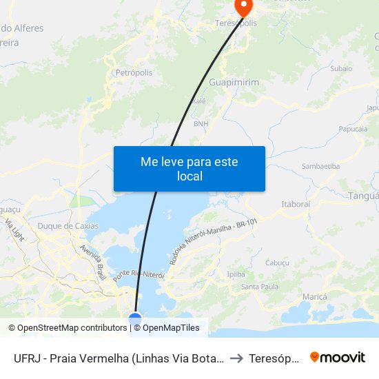 UFRJ - Praia Vermelha (Linhas Via Botafogo) to Teresópolis map