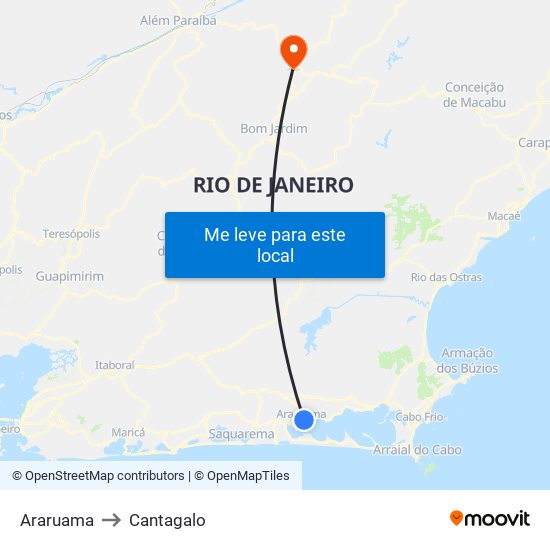 Araruama to Cantagalo map