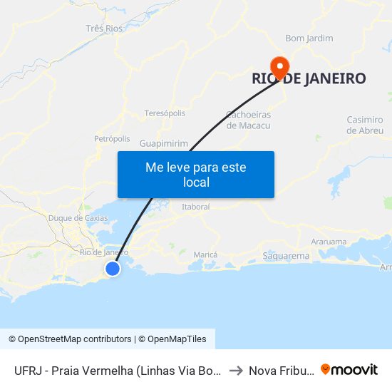 UFRJ - Praia Vermelha (Linhas Via Botafogo) to Nova Friburgo map