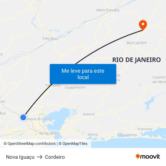 Nova Iguaçu to Cordeiro map
