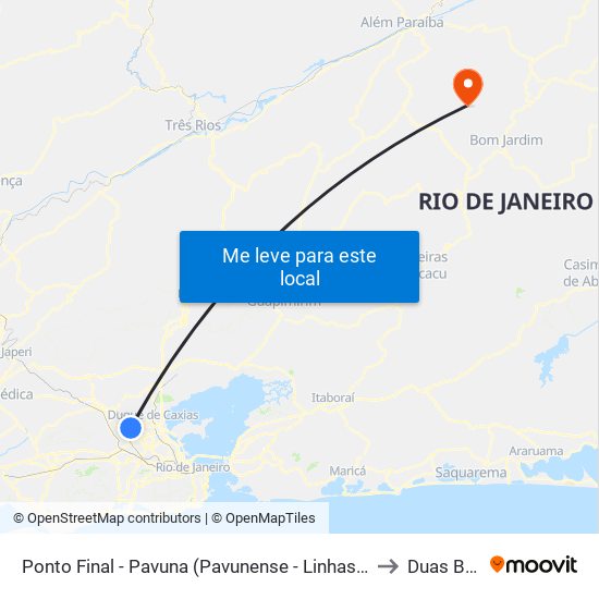 Ponto Final - Pavuna (Pavunense - Linhas 615, 687 E 688) to Duas Barras map