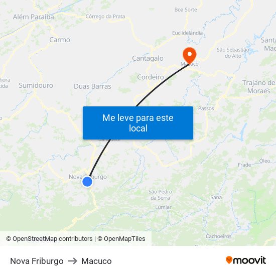 Nova Friburgo to Macuco map