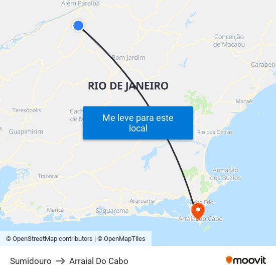 Sumidouro to Arraial Do Cabo map