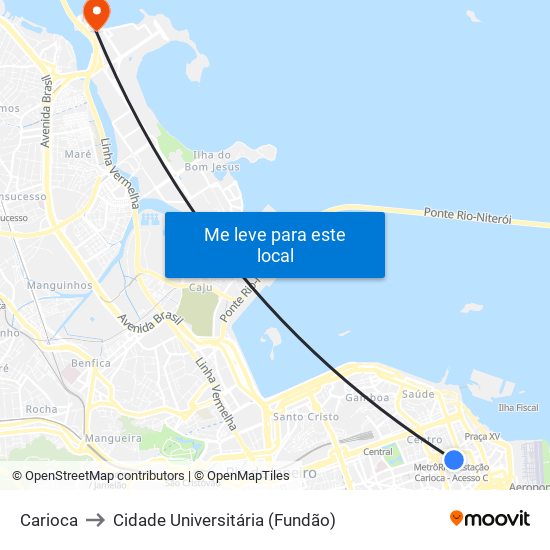 Carioca to Cidade Universitária (Fundão) map