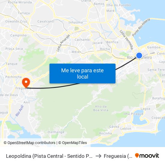 Leopoldina (Pista Central - Sentido Ponte / Term. Gentileza / São Cristóvão) to Freguesia (Jacarepaguá) map