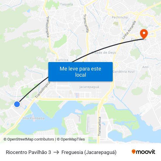 Riocentro Pavilhão 3 to Freguesia (Jacarepaguá) map