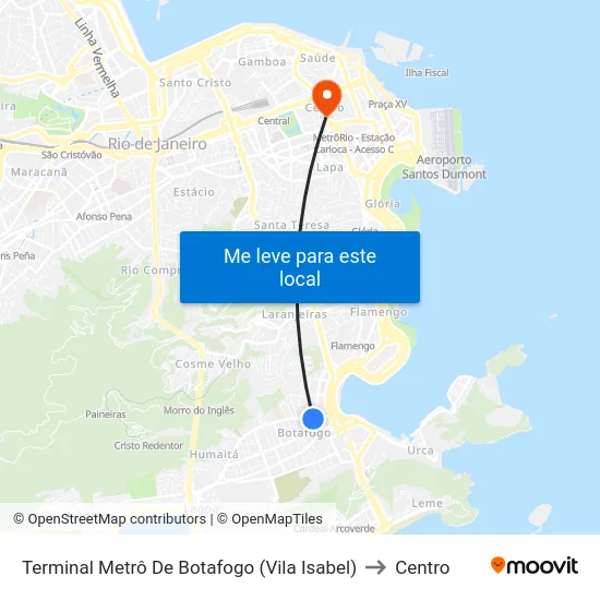 Terminal Metrô De Botafogo (Vila Isabel) to Centro map