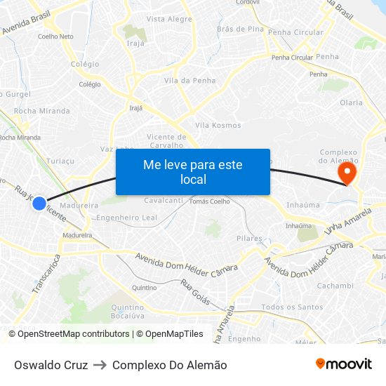 Oswaldo Cruz to Complexo Do Alemão map