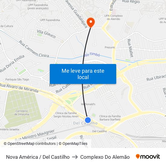 Nova América / Del Castilho to Complexo Do Alemão map