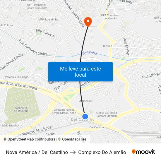 Nova América / Del Castilho to Complexo Do Alemão map