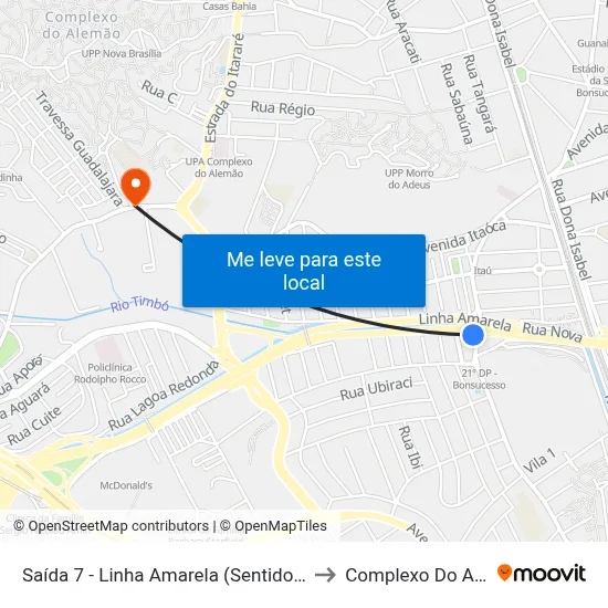 Saída 7 - Linha Amarela (Sentido Av. Brasil) to Complexo Do Alemão map