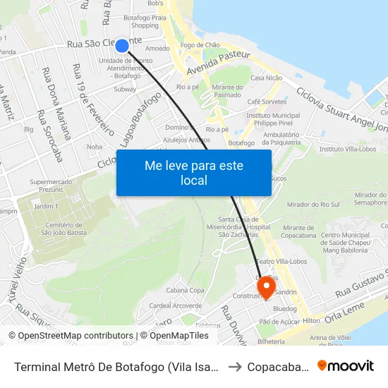 Terminal Metrô De Botafogo (Vila Isabel) to Copacabana map