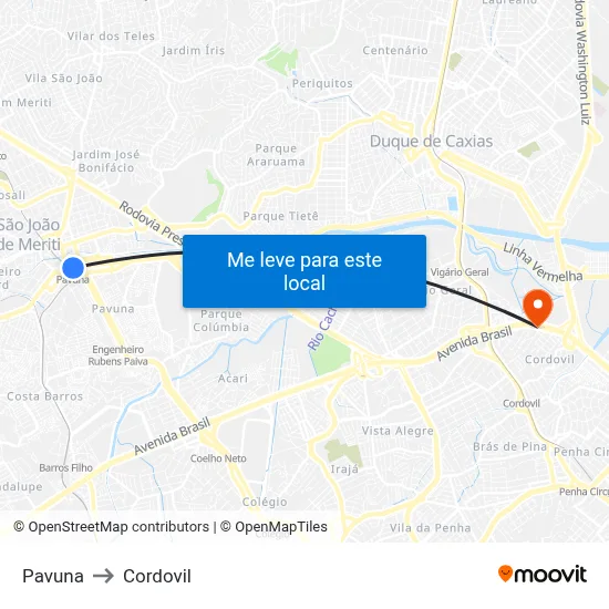 Pavuna to Cordovil map