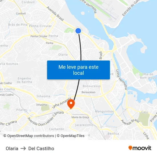 Olaria to Del Castilho map