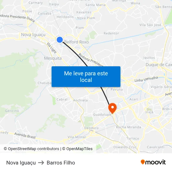 Nova Iguaçu to Barros Filho map