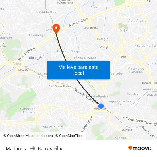 Madureira to Barros Filho map