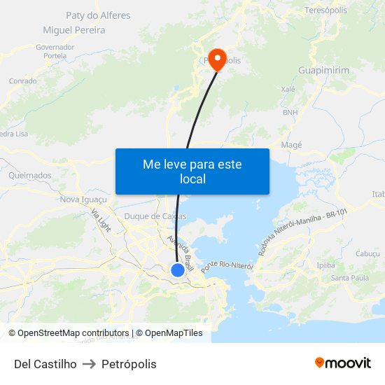 Del Castilho to Petrópolis map