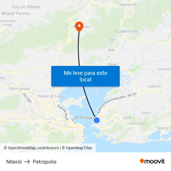 Niterói to Petrópolis map