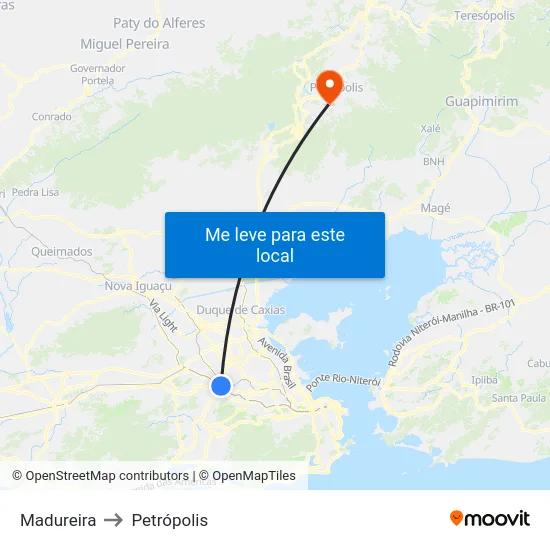 Madureira to Petrópolis map