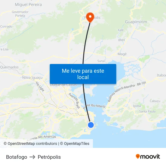 Botafogo to Petrópolis map