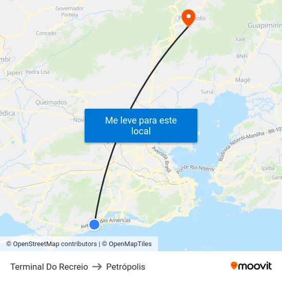 Terminal Do Recreio to Petrópolis map