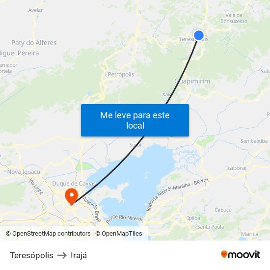 Teresópolis to Irajá map