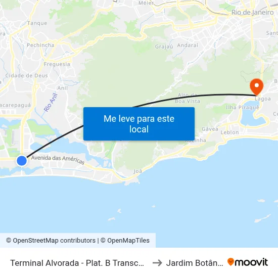 Terminal Alvorada - Plat. B Transcarioca to Jardim Botânico map