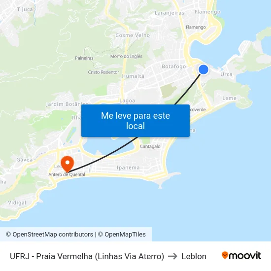 UFRJ - Praia Vermelha (Linhas Via Aterro) to Leblon map
