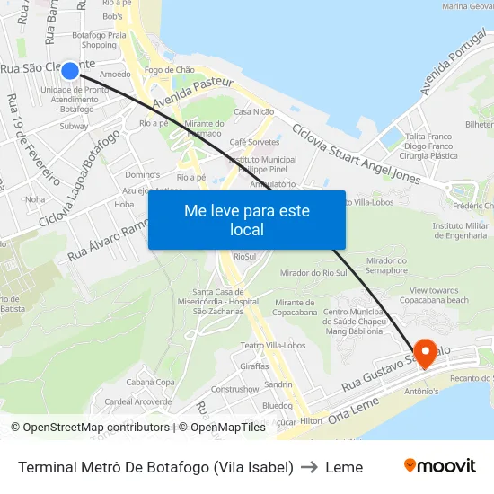 Terminal Metrô De Botafogo (Vila Isabel) to Leme map