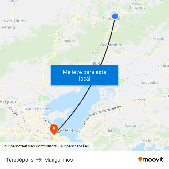 Teresópolis to Manguinhos map