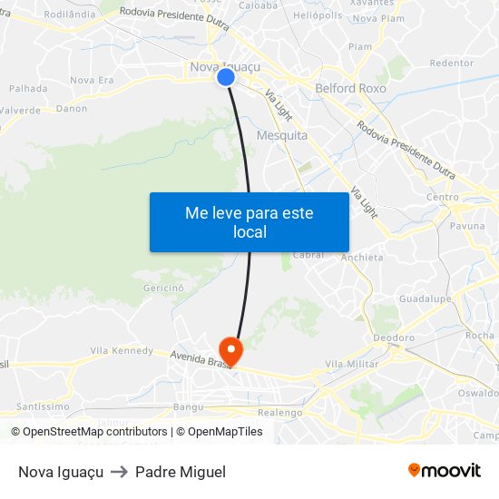 Nova Iguaçu to Padre Miguel map