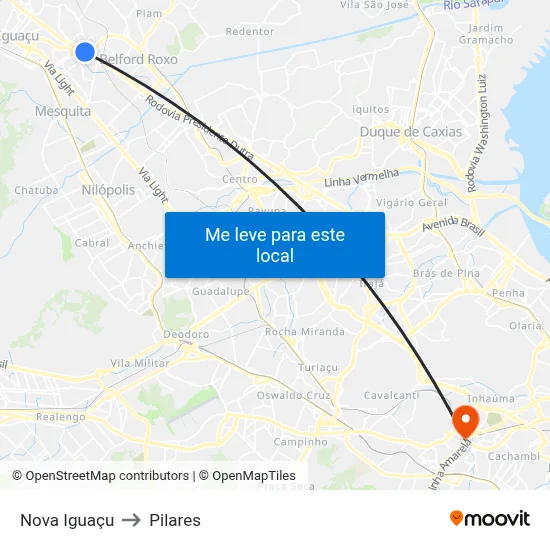 Nova Iguaçu to Pilares map