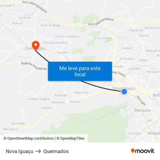 Nova Iguaçu to Queimados map