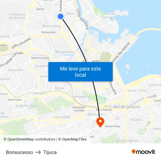 Bonsucesso to Tijuca map