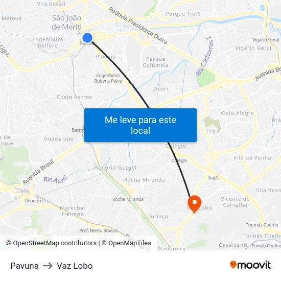 Pavuna to Vaz Lobo map