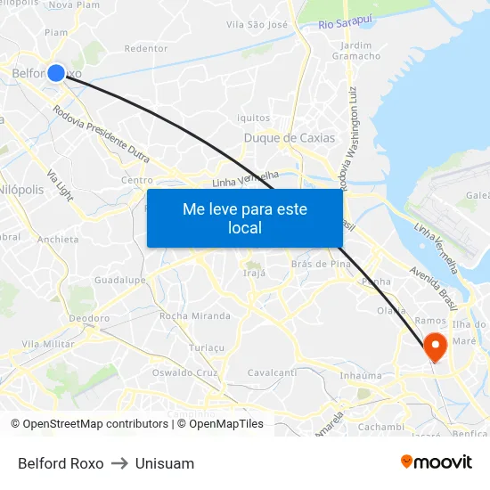 Belford Roxo to Unisuam map