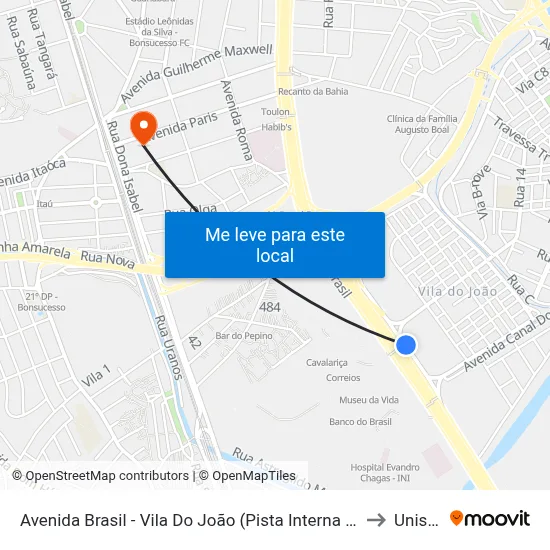 Avenida Brasil - Vila Do João (Pista Interna / Garagem Da Real) to Unisuam map
