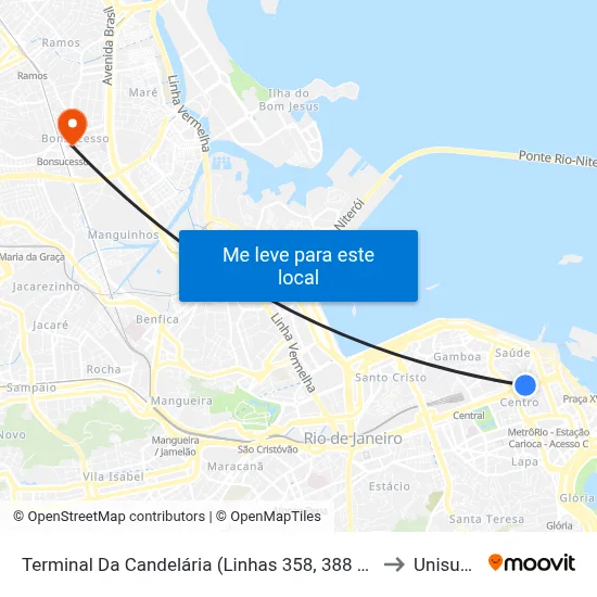 Terminal Da Candelária (Linhas 358, 388 E 389) to Unisuam map