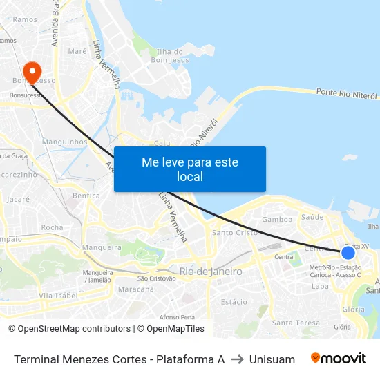 Terminal Menezes Cortes - Plataforma A to Unisuam map