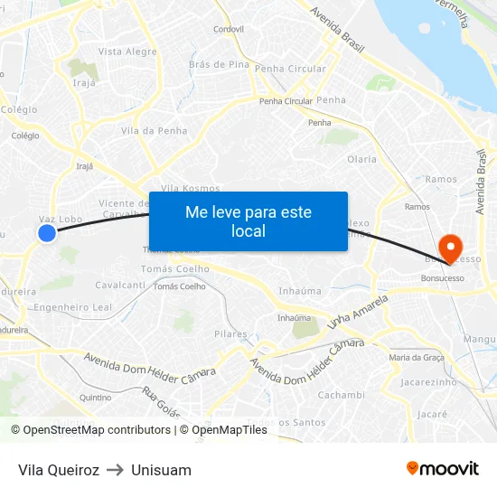 Vila Queiroz to Unisuam map