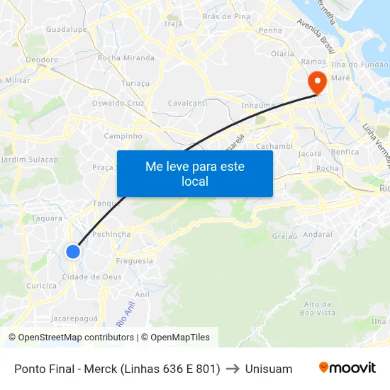 Ponto Final - Merck (Linhas 636 E 801) to Unisuam map
