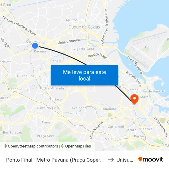 Ponto Final - Metrô Pavuna (Praça Copérnico) to Unisuam map