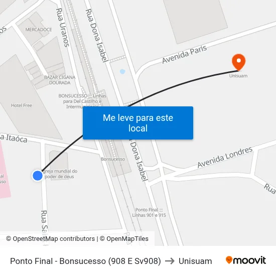 Ponto Final - Bonsucesso (908 E Sv908) to Unisuam map