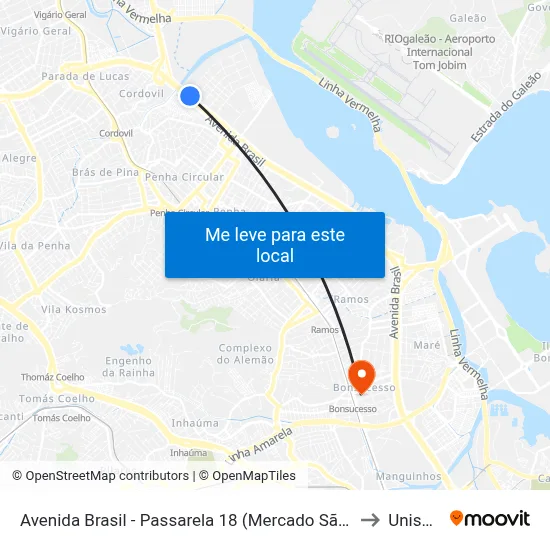 Avenida Brasil - Passarela 18 (Mercado São Sebastião) to Unisuam map