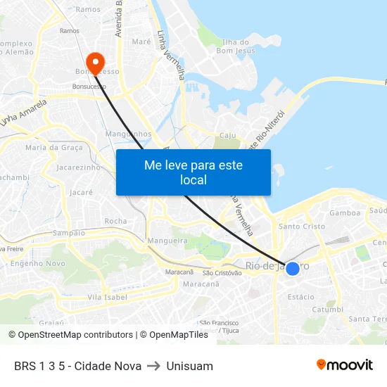 BRS 1 3 5 - Cidade Nova to Unisuam map