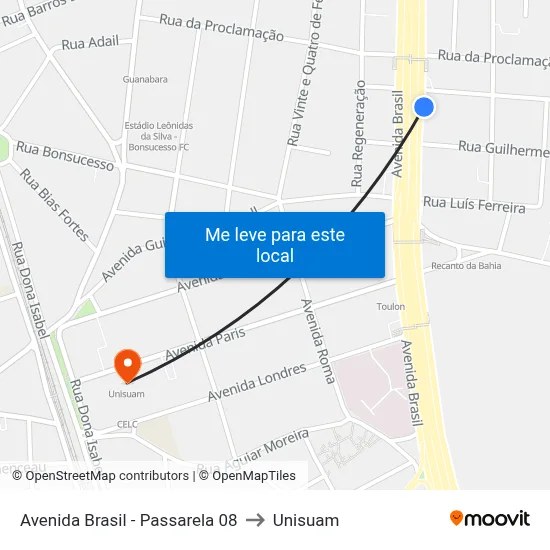 Avenida Brasil - Passarela 08 to Unisuam map