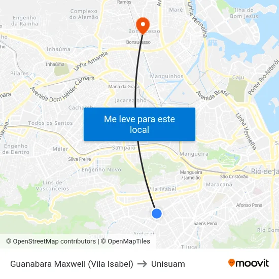 Guanabara Maxwell (Vila Isabel) to Unisuam map